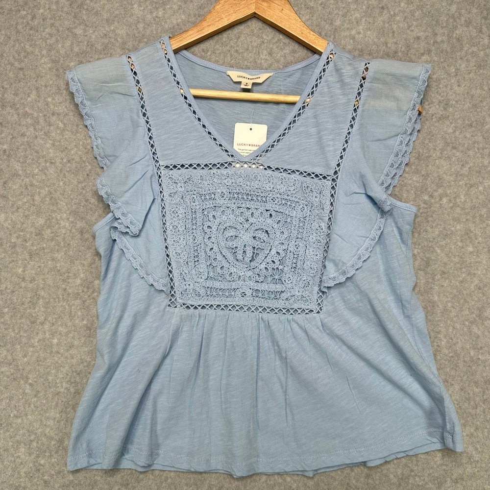 Lucky Brand Blue Lace Crochet V Neck Flutter Sleeve Peplum Top Size L NWT - Picture 1 of 9